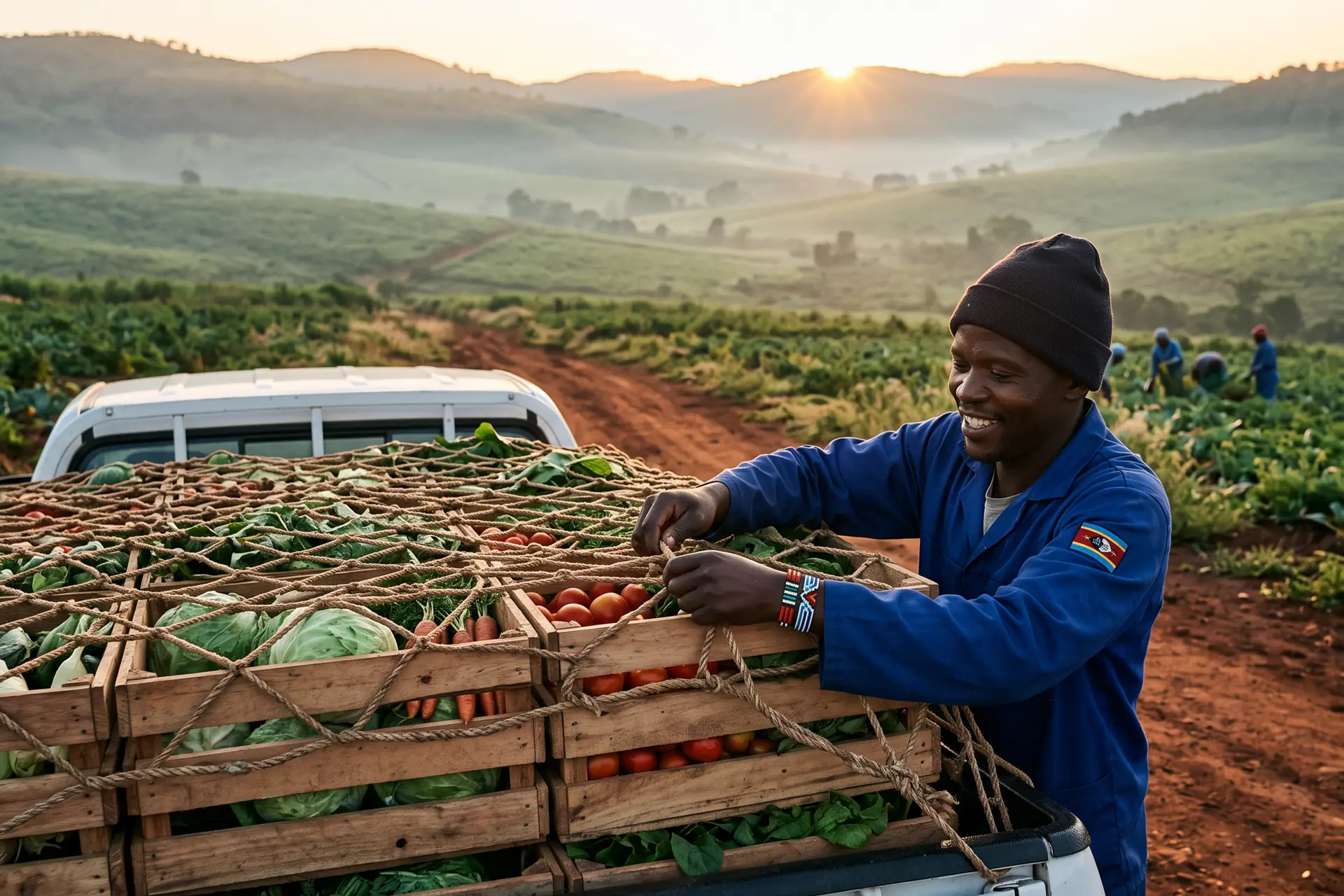 Crates of fresh produce being roped onto a bakkie at sunrise, hills behind.
