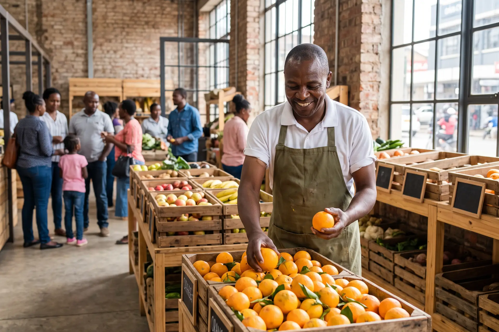 A trader setting out crates of citrus on the market floor as customers arrive.