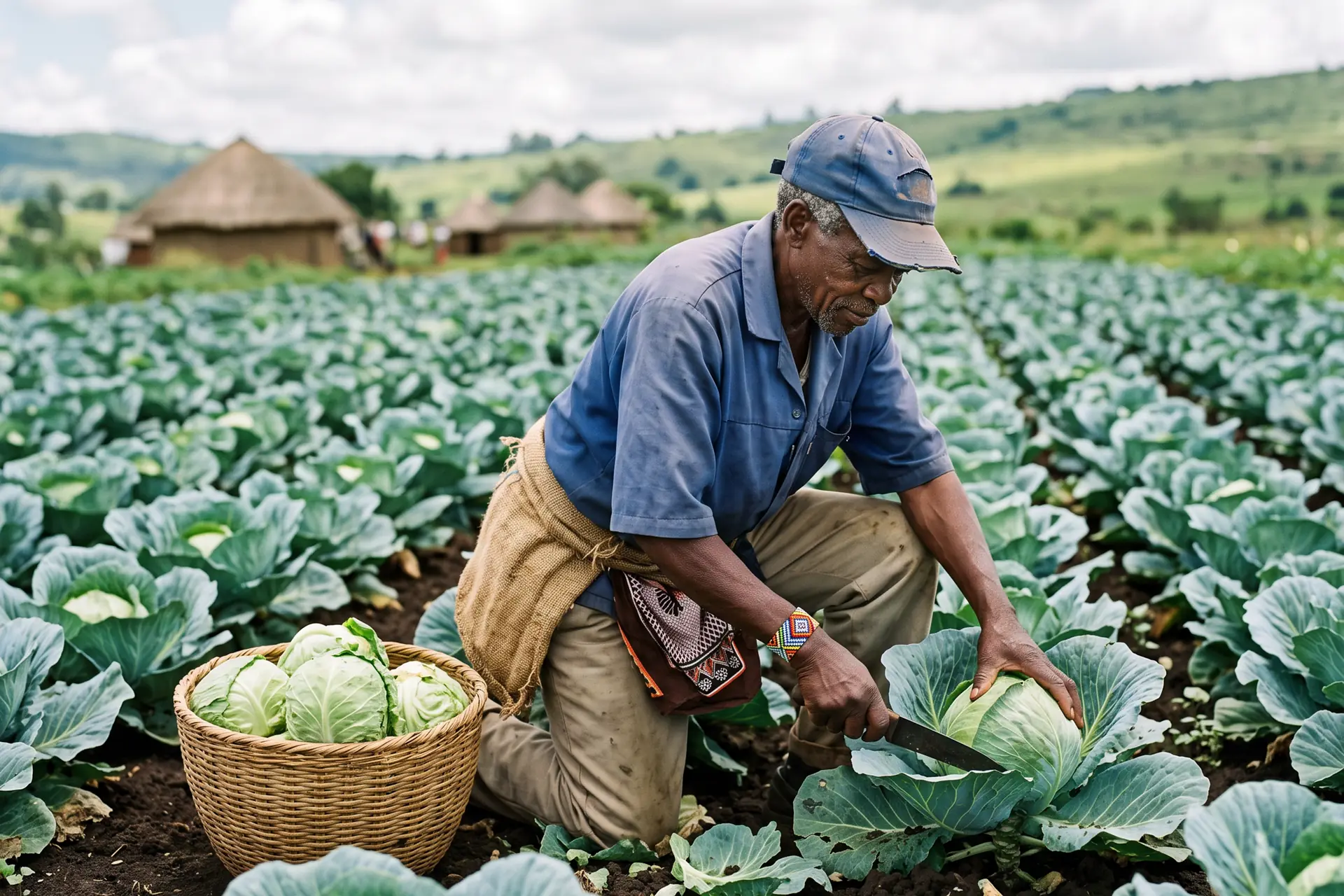 A grower cutting cabbages by hand in the field, basket beside him.