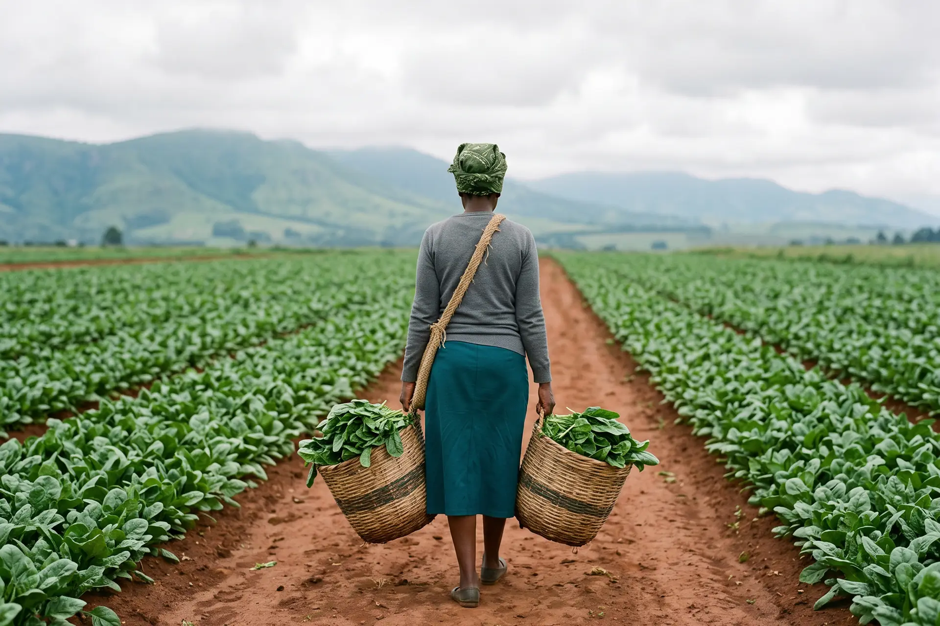 A farmer walking the rows at first light, baskets of fresh greens on her shoulders.